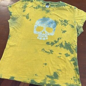 Floral skull tie dye T-shirt - Halloween - lace skull - yellow - medium